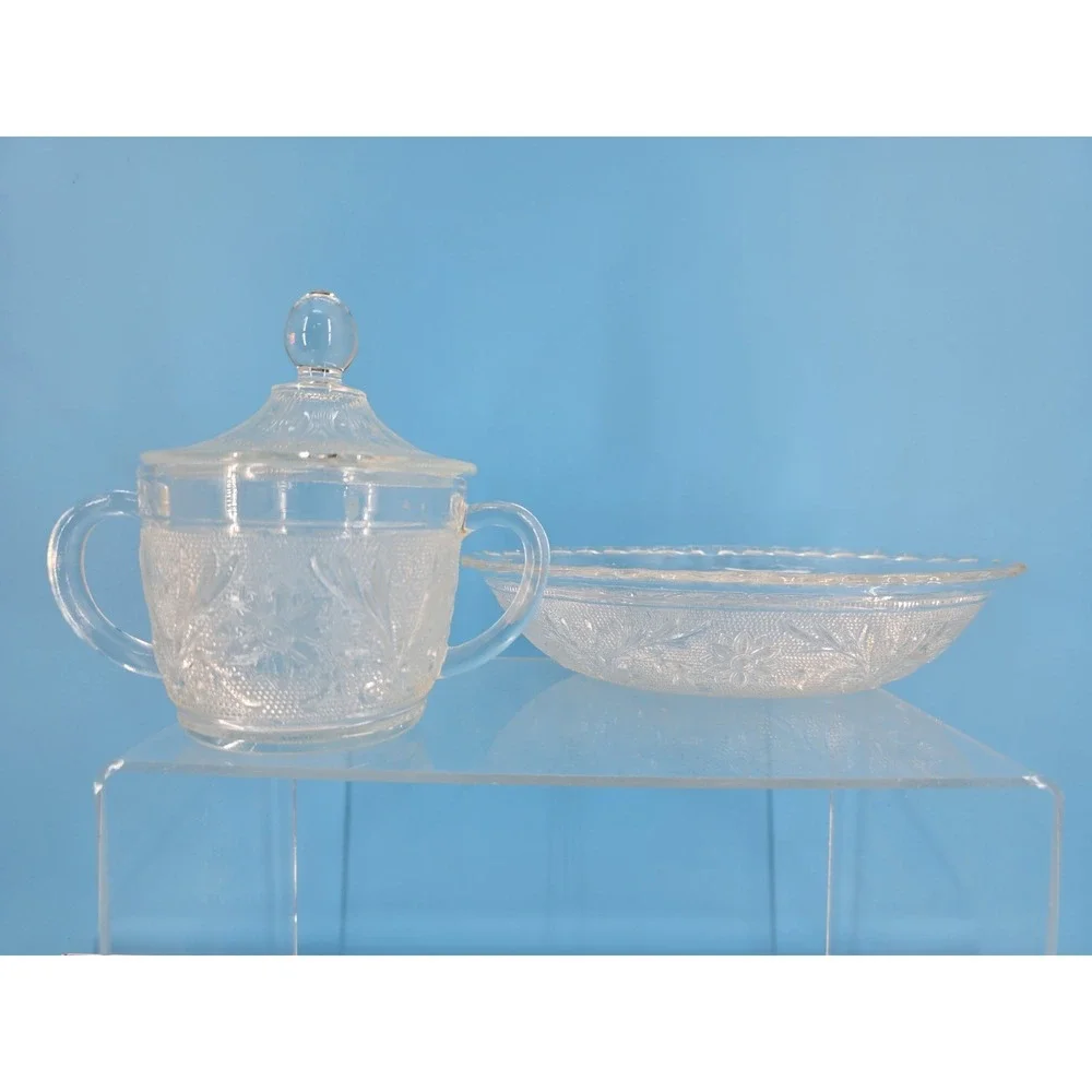 Vtg‎ Depression Glass Anchor Hocking Oval Serving Dish  + Sugar Bowl Floral - VG